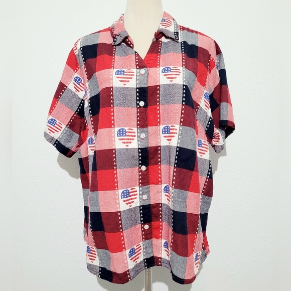 Country Store 4th of July Patriotic Heart 100% Cotton Shirt Women Size 1X - Picture 1 of 10